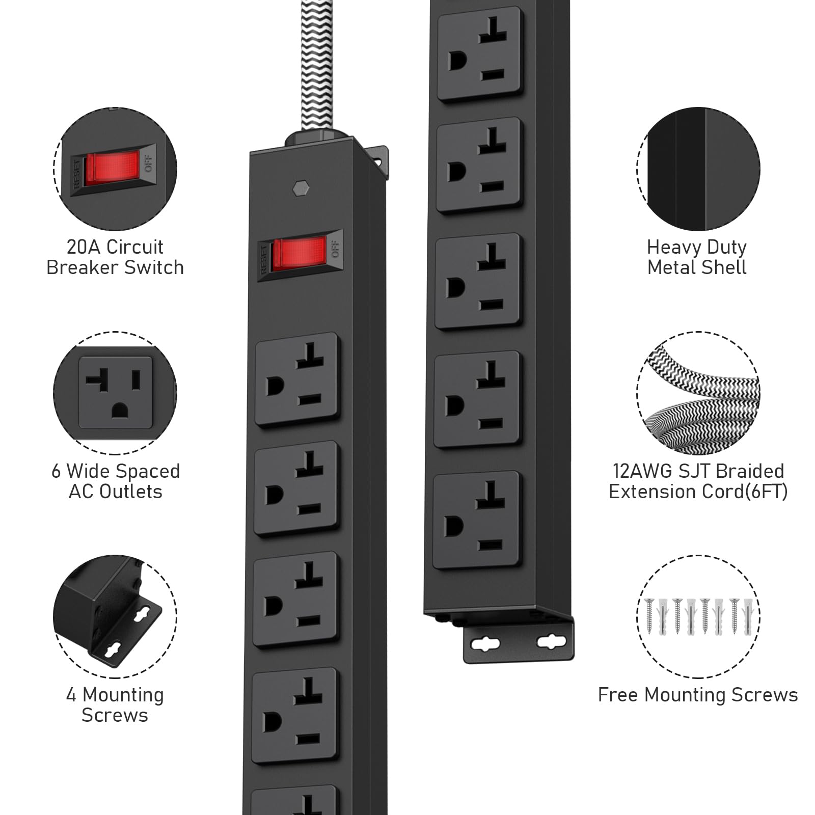 -80 20A Circuit Breaker Switch LE:M OFF Heavy Duty Metal Shell 6 Wide Spaced AC Outlets 12AWG SJT Braided Extension Cord(6FT) 4 Mounting Screws Free Mounting Screws