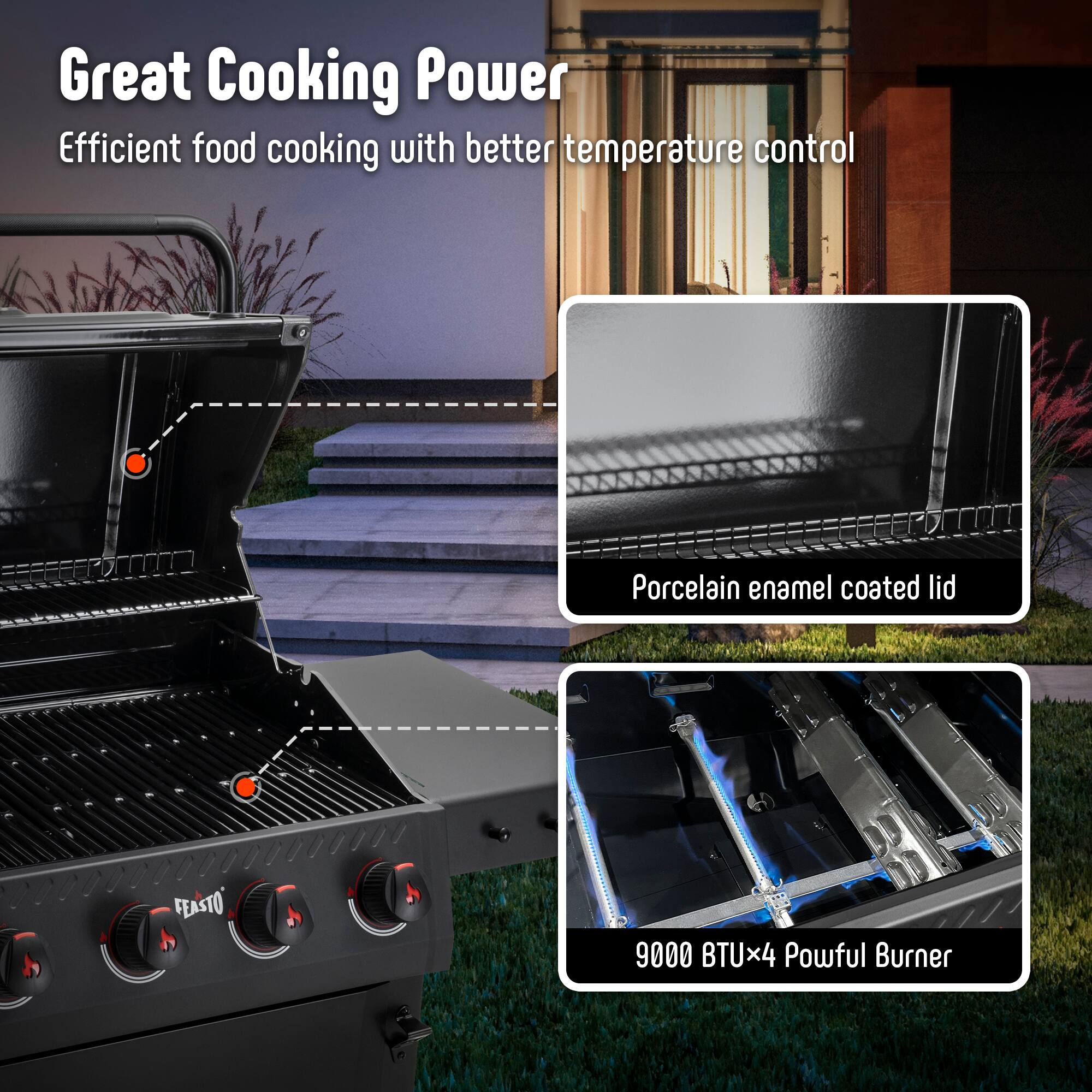 Great Cooking Power  
Efficient food cooking with better temperature control  

Porcelain enamel coated lid  

9000 BTUx4 Powerful Burner