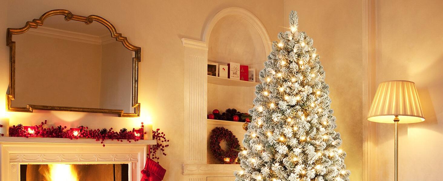 Alt View 1. GlowWise - Elegant 6.5ft Pre-Lit Snowy Pine Christmas Tree with 785 Branches & 250 Warm Lights - Easy Assembly - White.