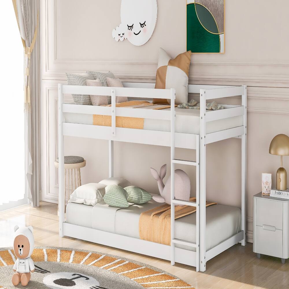 Left. Loheer - Loheer Twin Over Twin Floor Bunk Bed White Solid Wood Kids Low Bunk Bed with Ladder - White.