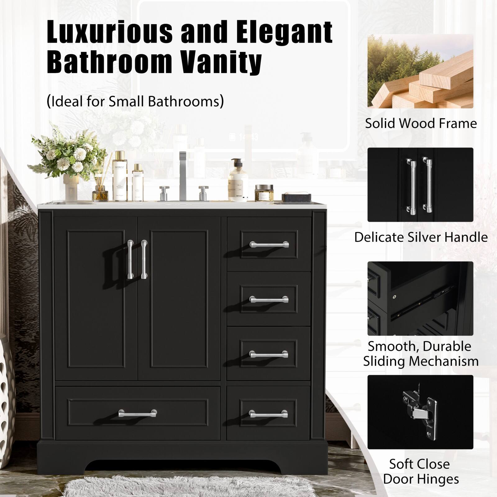 Luxurious and Elegant Bathroom Vanity  
(Ideal for Small Bathrooms)

- Solid Wood Frame
- Delicate Silver Handle
- Smooth, Durable Sliding Mechanism
- Soft Close Door Hinges
