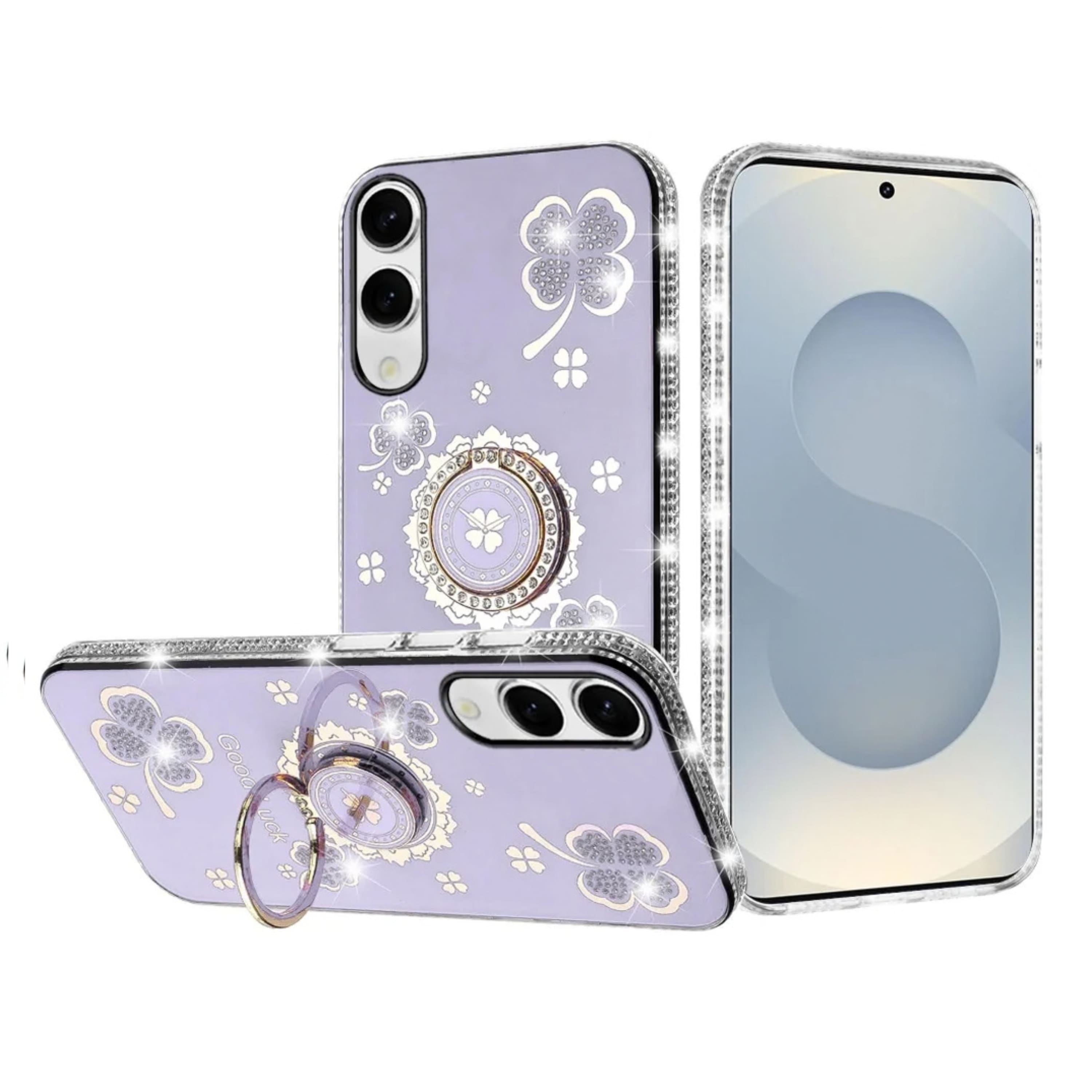 Kitcheniva - Crystal Studded Bling Ring Stand Phone Case With Tempered Glass For Samsung S25 Edge - Purple