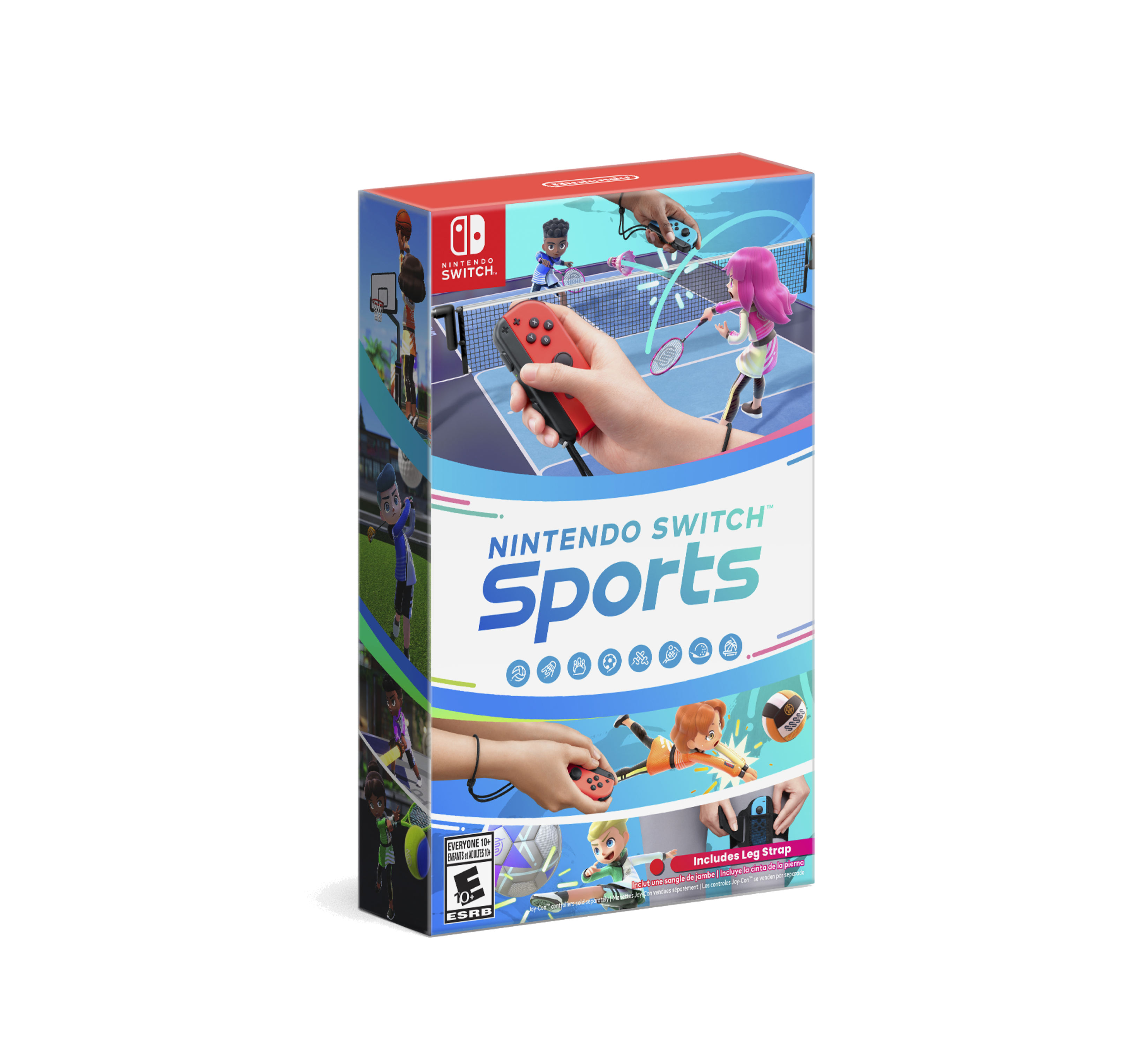 Nintendo Switch Sports is a game that comes with a leg strap and a wrist strap for the Nintendo Switch console. It is designed for physical activity and includes various sports simulations, such as tennis, bowling, and golf. The game is rated E for Everyone and is suitable for players of all ages.