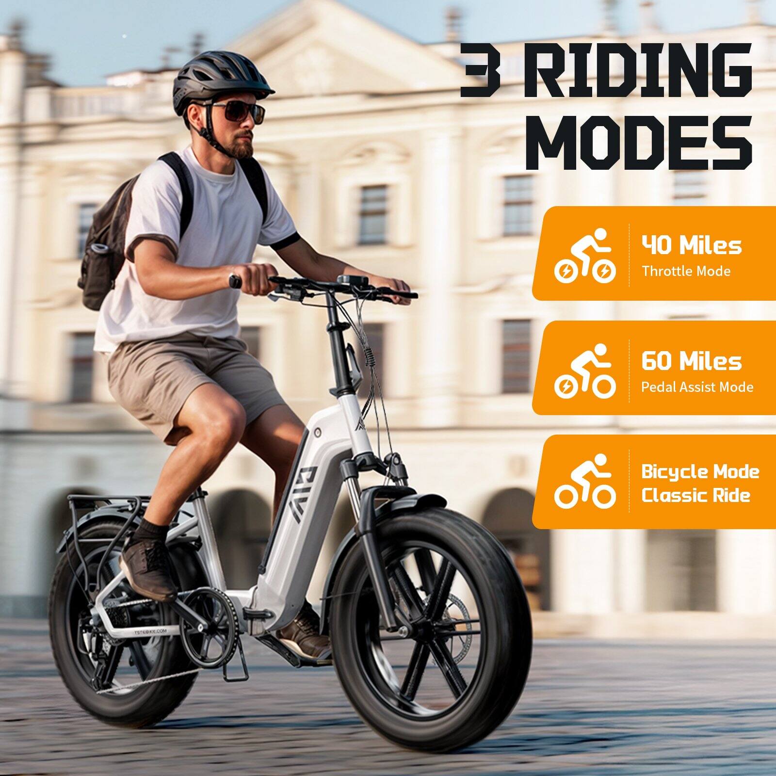 3 RIDING MODES

- 40 Miles Throttle Mode
- 60 Miles Pedal Assist Mode
- Bicycle Mode Classic Ride