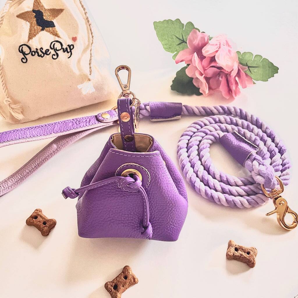 Angle. PoisePup - Genuine Leather Hands-Free Pet Walking and Training Treat Pouch for Dog - Purple.