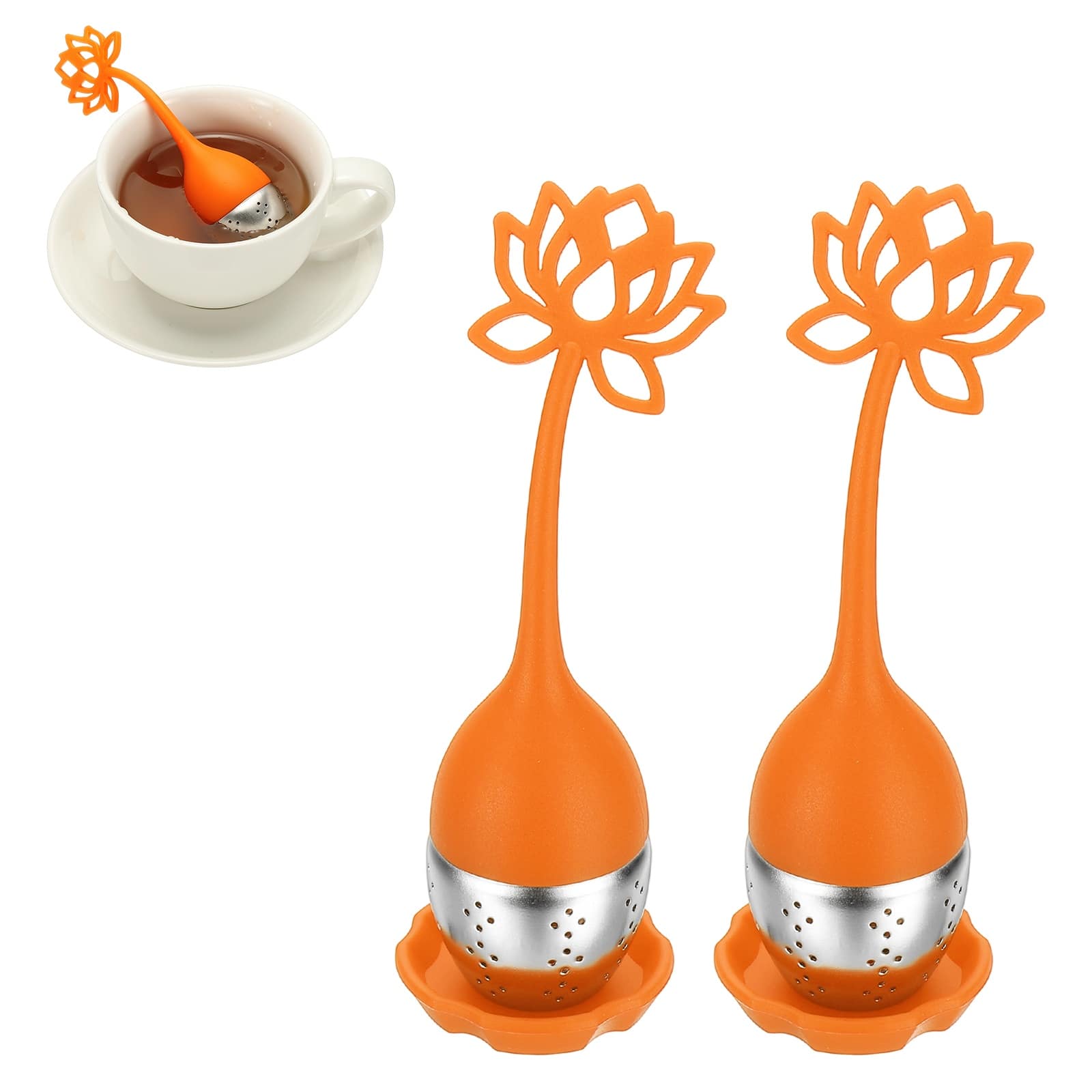 Unique Bargains - 2pcs Lotus Tea Infuser, Stainless Steel Loose-Leaf Steeper w/ Silicone Handle, Reusable Coarse Mesh for Teacups Teapots - Orange