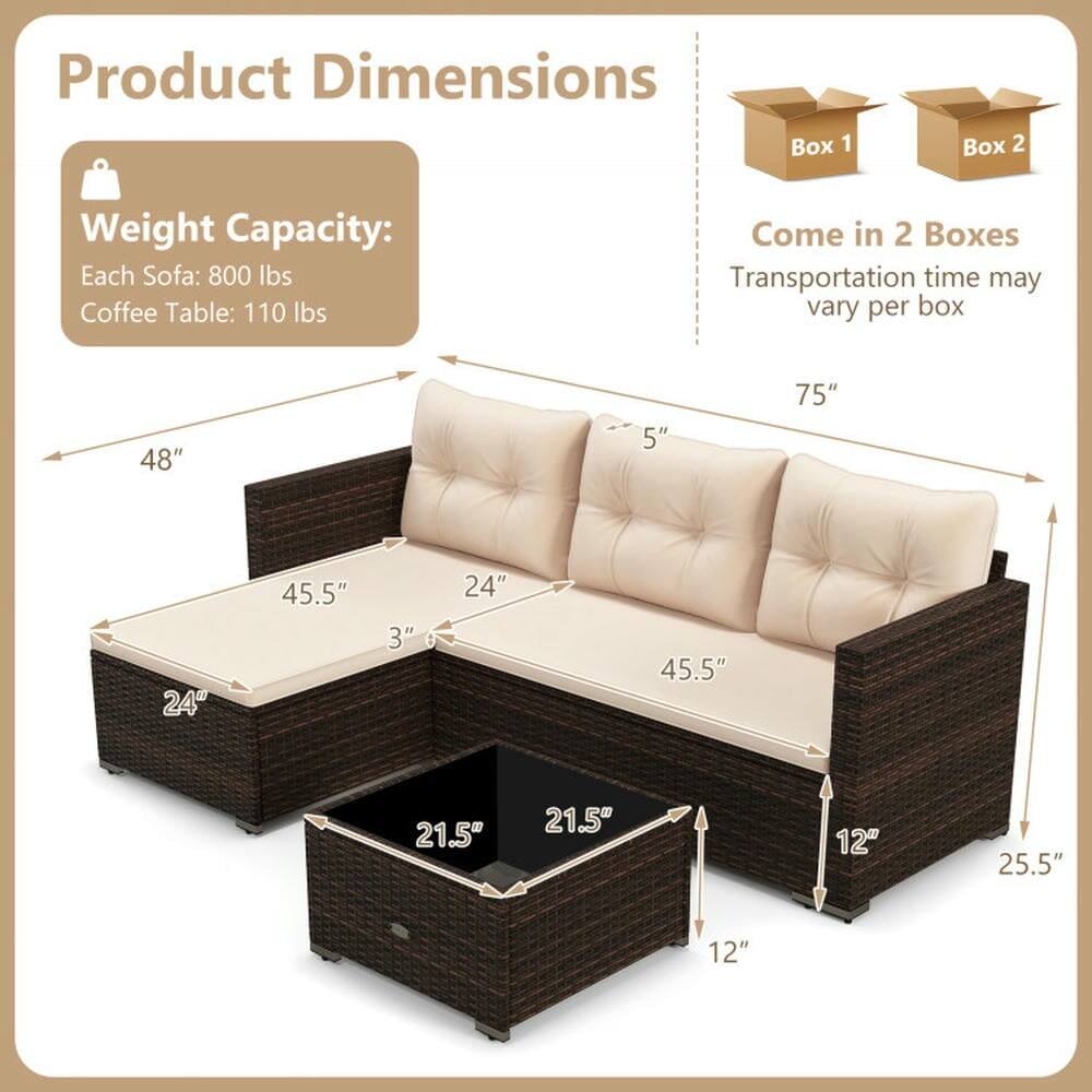 Product Dimensions  
Weight Capacity:  
Each Sofa: 800 lbs  
Coffee Table: 110 lbs  

Come in 2 Boxes  
Transportation time may vary per box  

48"  
5"  
75"  
24"  
45.5"  
3"  
24"  
45.5"  
21.5"  
21.5"  
12"  
25.5"  
12"