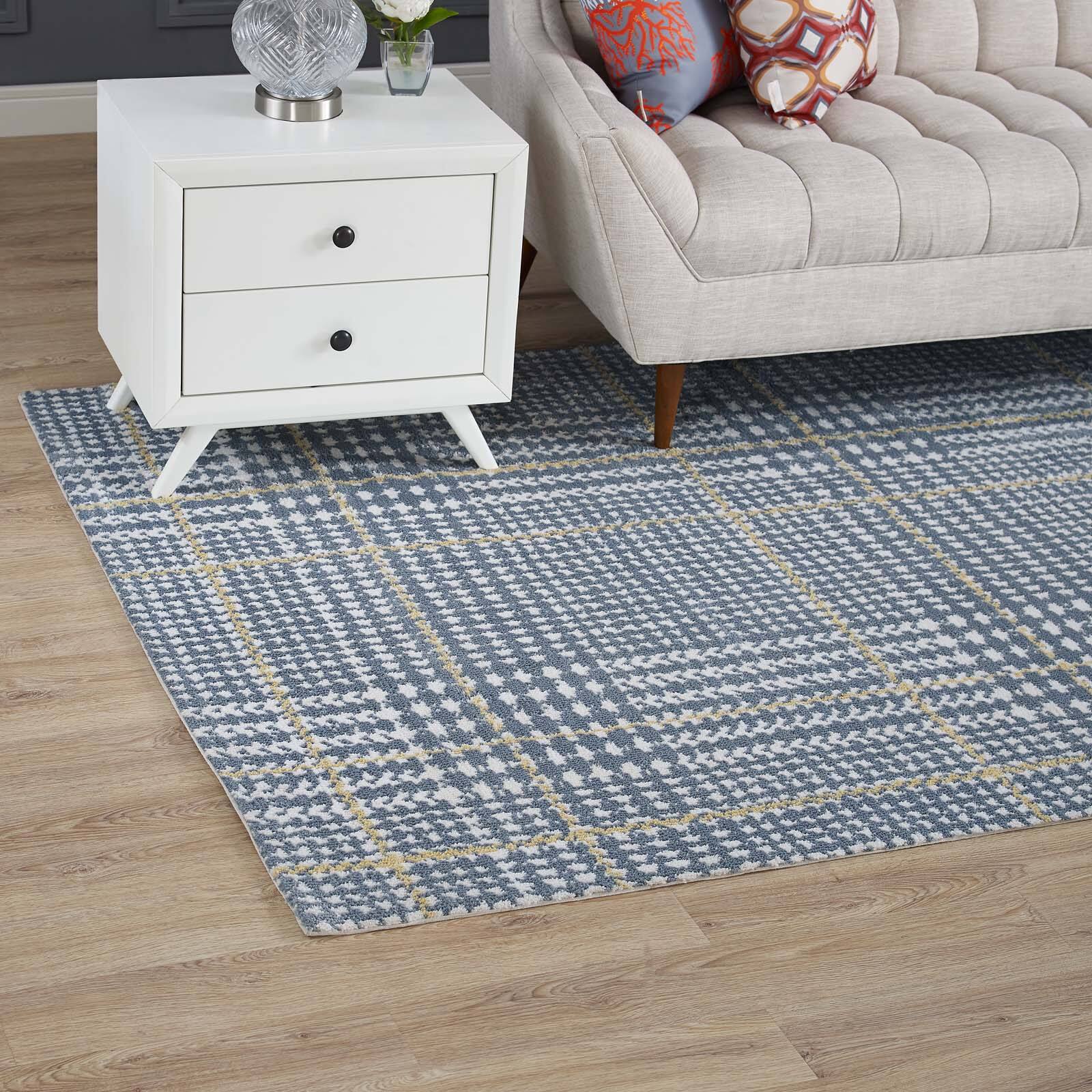 Left. Modway - Kaja Abstract Plaid Area Rug - Ivory Cadet Blue and Citron.