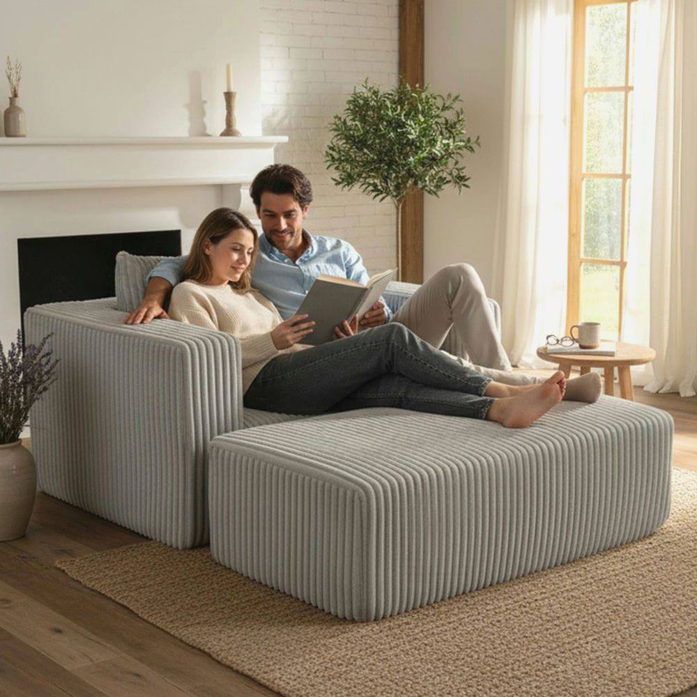 Front. Resenkos - Oversized All-Foam Corduroy Lounge Chair with Ottoman, Modular Floor Couch, Compressed & Easy Assembly - Gray.