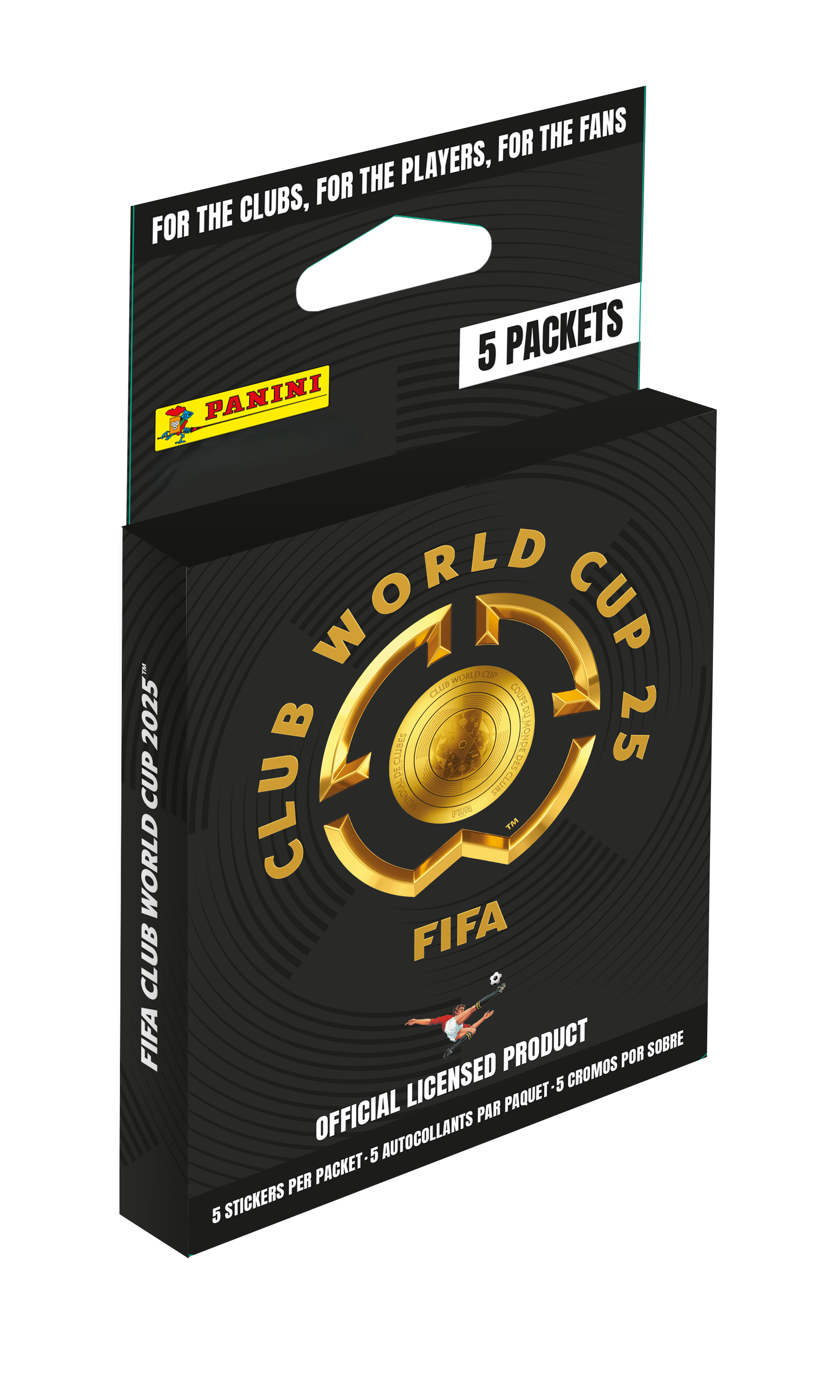 The fans are for the players, for the clubs, and for the fans. The product is a pack of Panini World Cup Clubs 2025 stickers. There are 5 packets in the pack, each containing 5 official Panini World Cup FIFA stickers. The pack is licensed and comes with a total of 25 stickers.