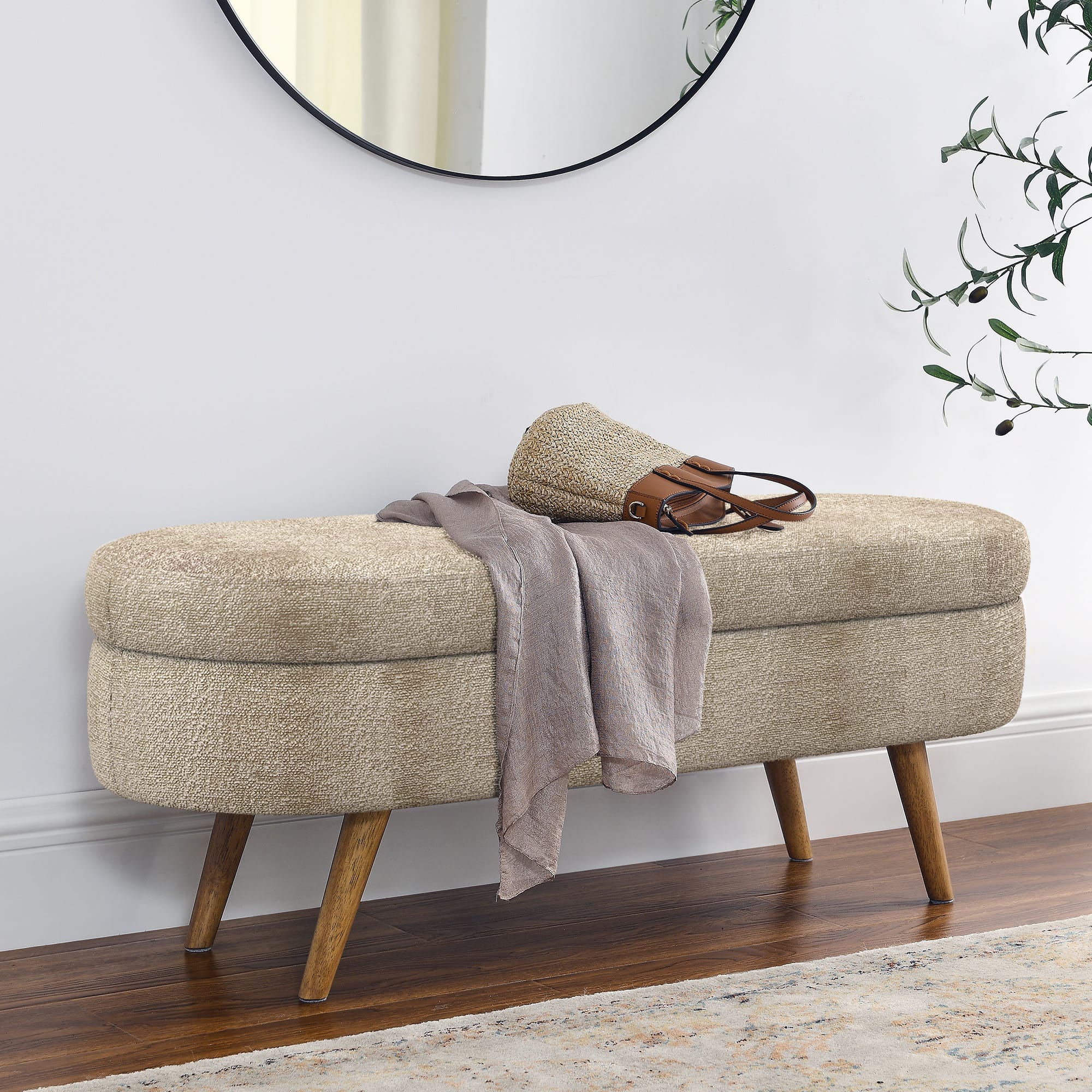 GOODSILO - Elegant Fabric Storage Ottoman Bench with Wooden Legs for Living Room or Bedroom Footrest and Seating - Brown