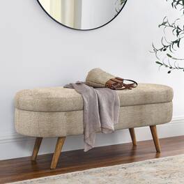 Z-Edge - Oval Storage Bench, 43.5" Fabric Upholstered Entryway Bench with Wood Legs, Ottoman Bench Indoor Bench for Living Room - Brown