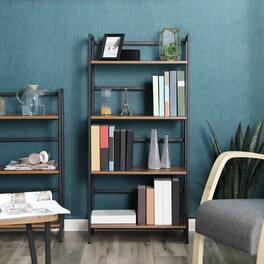 Songmics Home - Industrial Bookshelf, Folding Bookcase, 4-Tier Ladder Shelf, Wood Look Accent Furniture with Metal Frame - Rustic Brown and Black