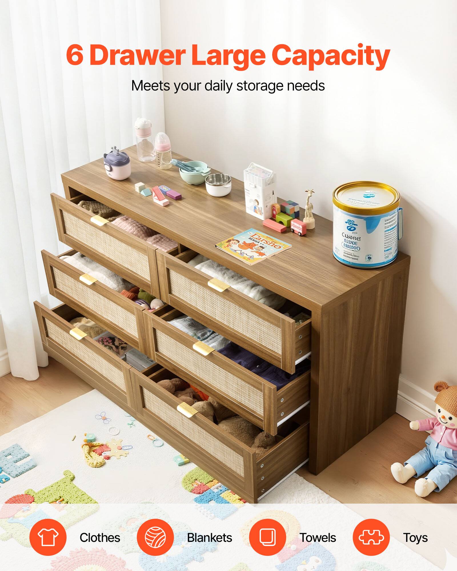 6 Drawer Large Capacity  
Meets your daily storage needs  

Clothes  
Blankets  
Towels  
Toys