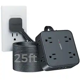 TESSAN - 900J,25Ft Long Flat Extension Cord,Surge Protector Power Strip 8 Outlets and 3 USB Ports ( 1USB-C ) - Black