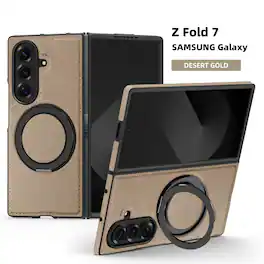 Dteck - Leather Case for Samsung Galaxy Z Fold 7,Shockproof Compatible with Mag Safe 360 Rotation Ring Kickstand Cover - Desertgold