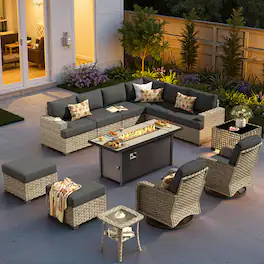 Ovios - 13 PCS Outdoor Patio Furniture Sectional Sofa with Swivel Chairs, Coffee Table & 54" Fire Pit Table - Black