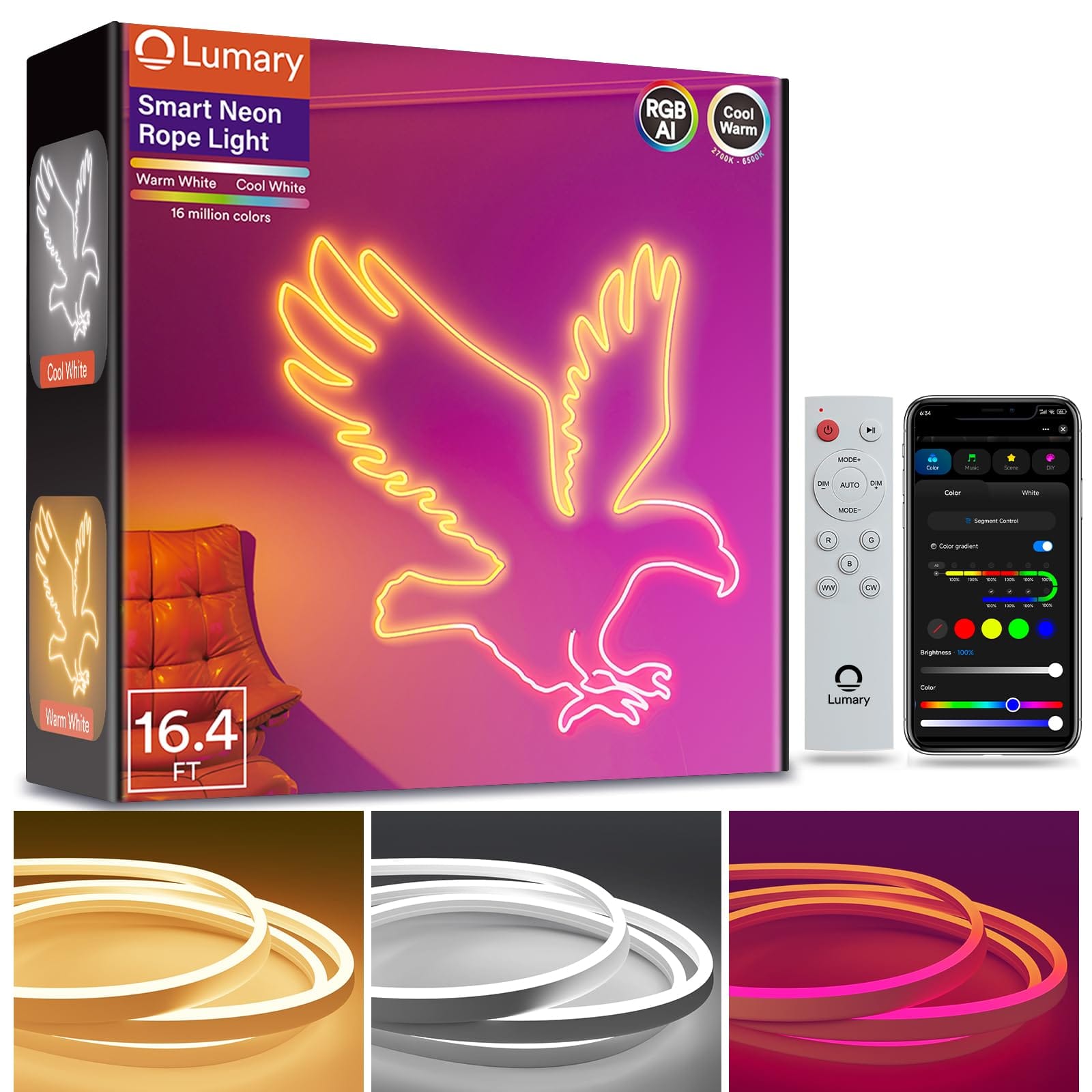 Lumary - 16.4ft Smart RGBAICW Neon Rope Lights Indoor,Strip Light Works with APP/Vioce/Remote - White