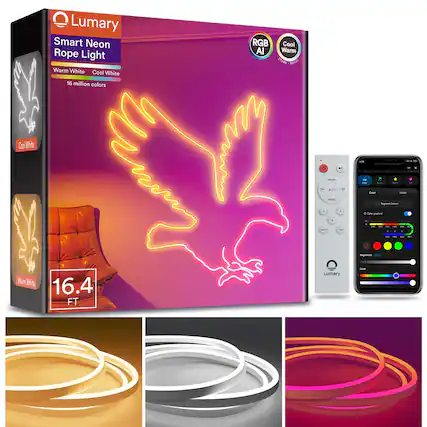 Lumary Smart Neon Rope Light Warm White Cool White 16 million colors RGB AI Cool Warm JPSE . dDR Codl Whte - 1 - - - - - ATO - - - MXE sngmer - 6 e Tw astem . - En I - - n - War White 16.4 FT Lumary