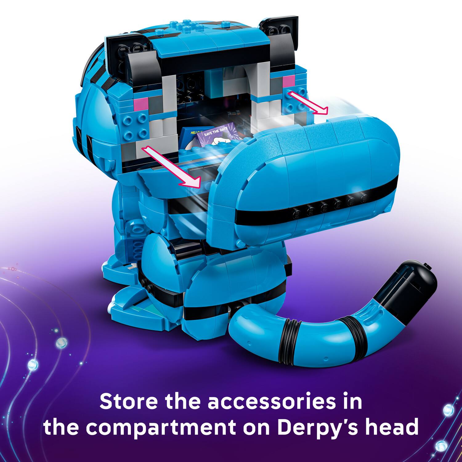 Store the accessories in the compartment on Derpy's head