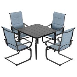 Nuu Garden - 5-Piece Patio Outdoor Padded Textilene Metal Dining Set with Umbrella Hole - Black and Blue