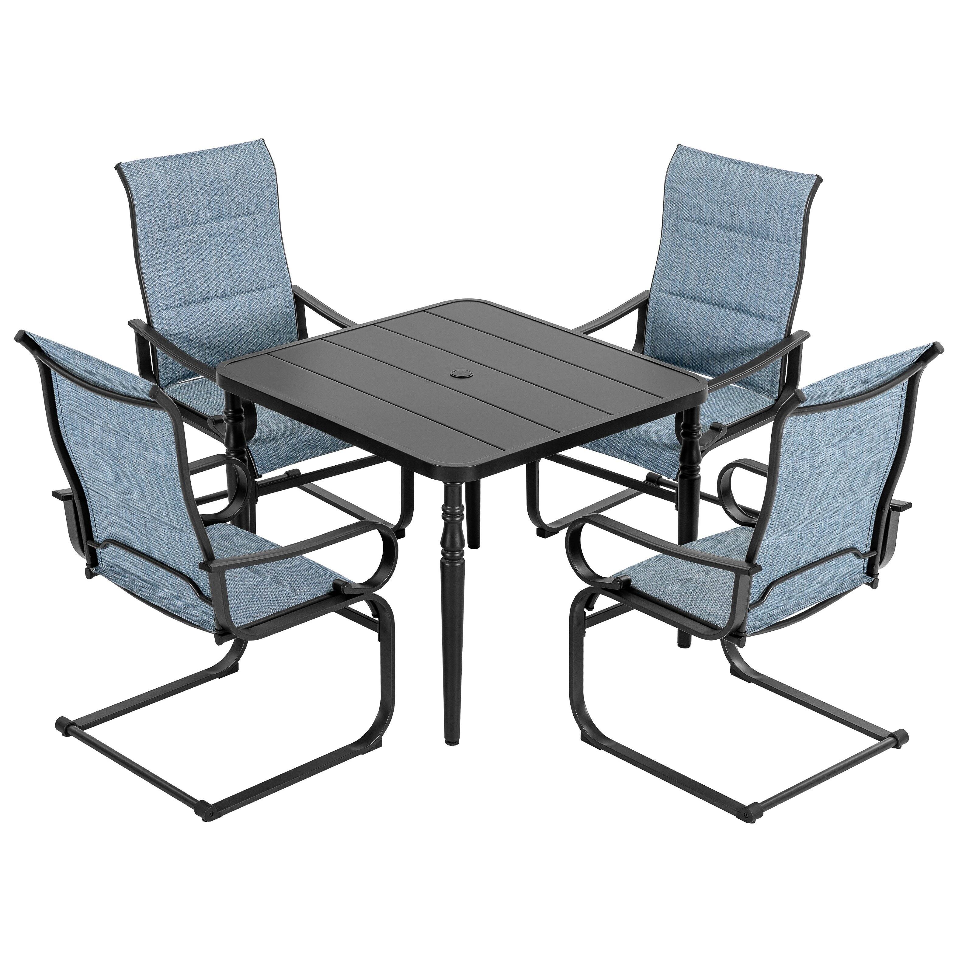 Front. Nuu Garden - 5-Piece Patio Outdoor Padded Textilene Metal Dining Set with Umbrella Hole - Black and Blue.