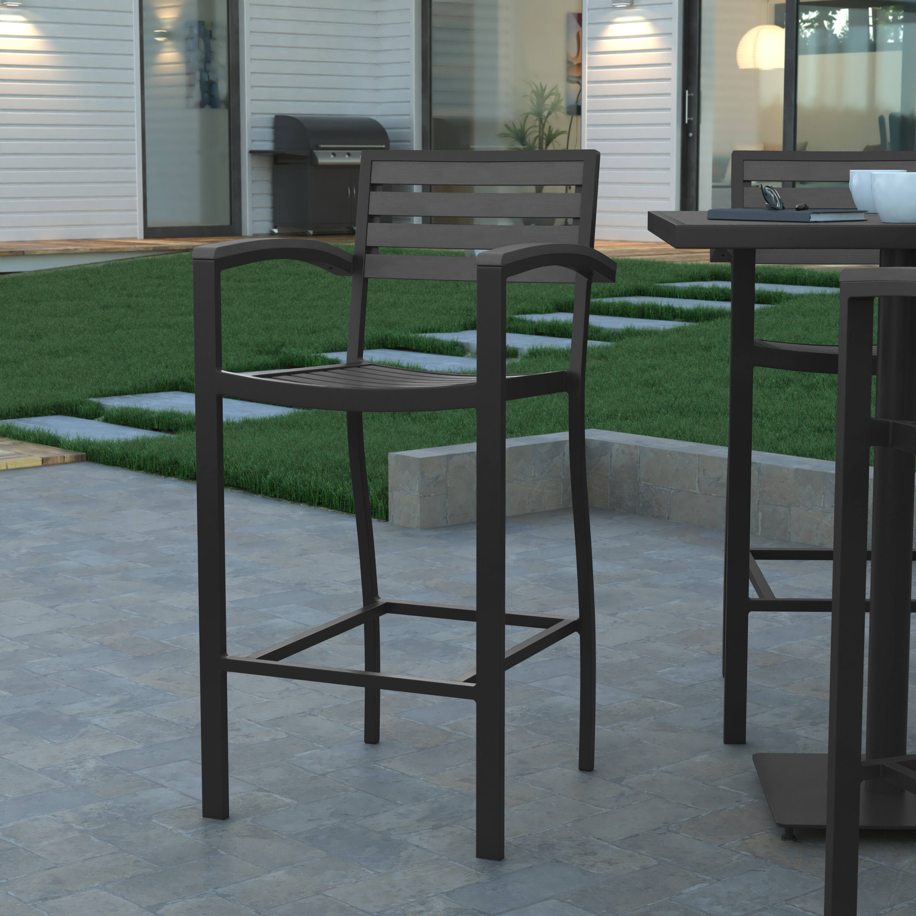 Alt View 1. Emma + Oliver - Livia All-Weather Bar Height Dining Stool with Armrests, Polyresin Slats and Aluminum Frame - Gray Wash.