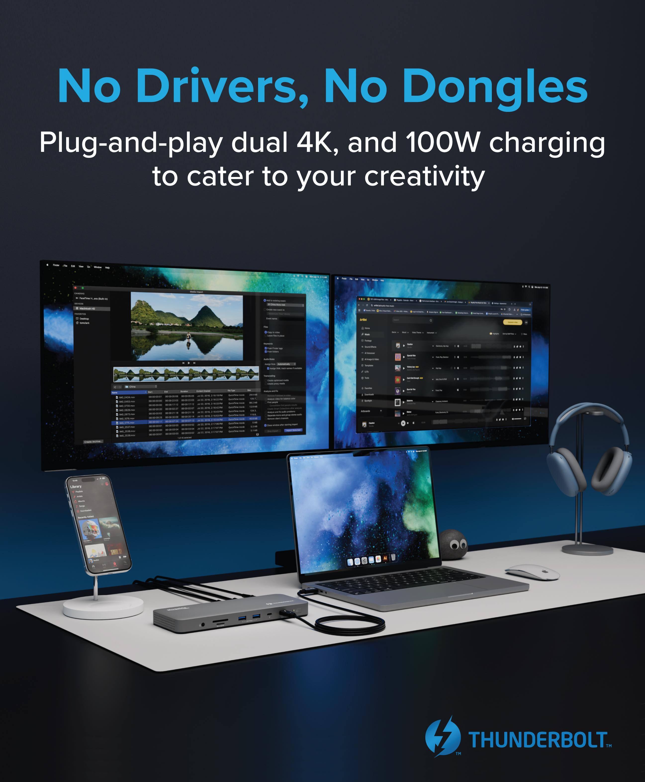 No Drivers, No Dongles

Plug-and-play dual 4K, and 100W charging to cater to your creativity

THUNDERBOLT