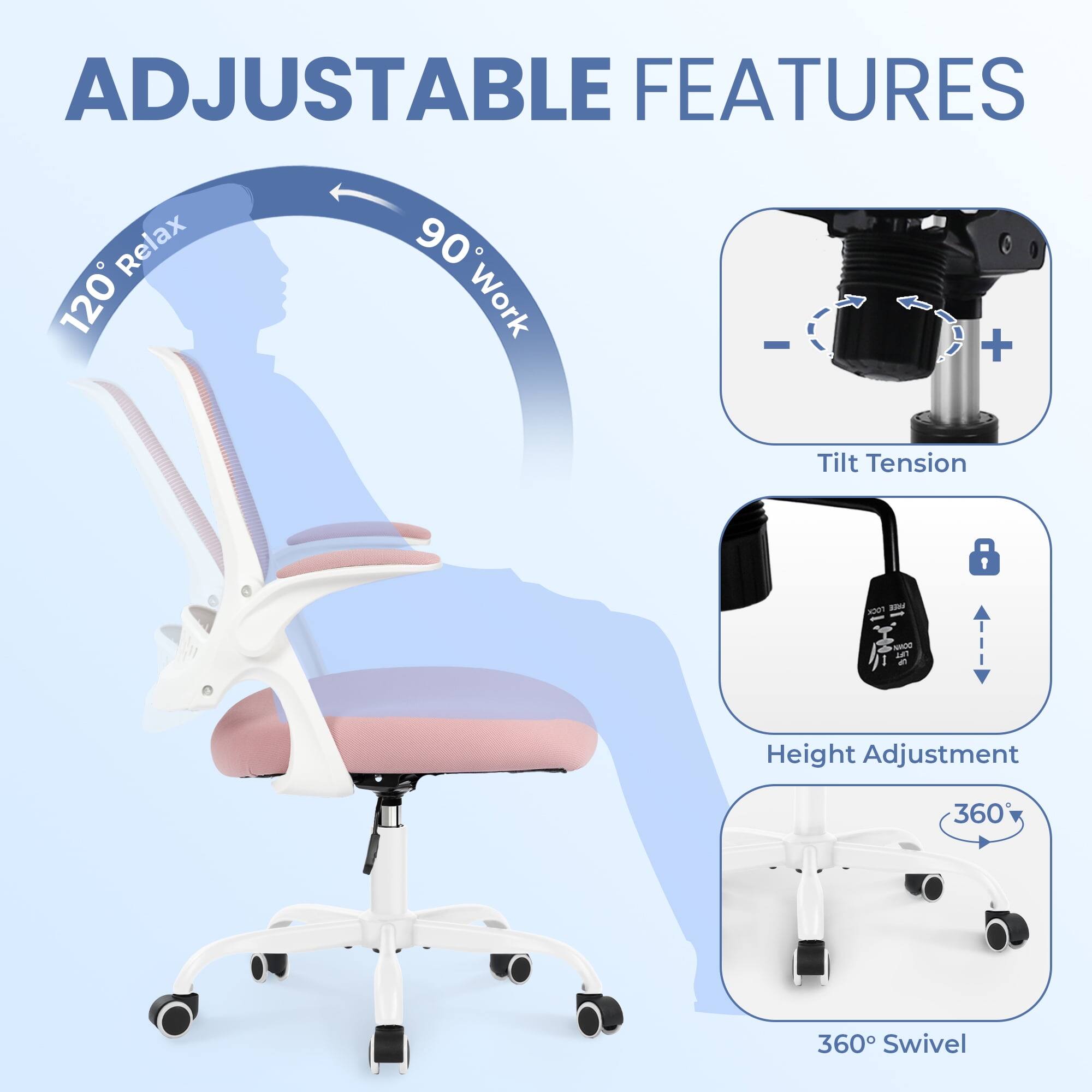 ADJUSTABLE FEATURES

- 120° Relax
- 90° Work
- Tilt Tension
- Height Adjustment
- 360° Swivel