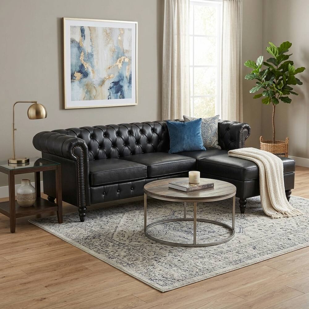 Left. Loheer - Loheer 85 Inch L-Shaped Sectional Sofa 4-Seater PU Leather Couch with Storage Ottoman - Black.