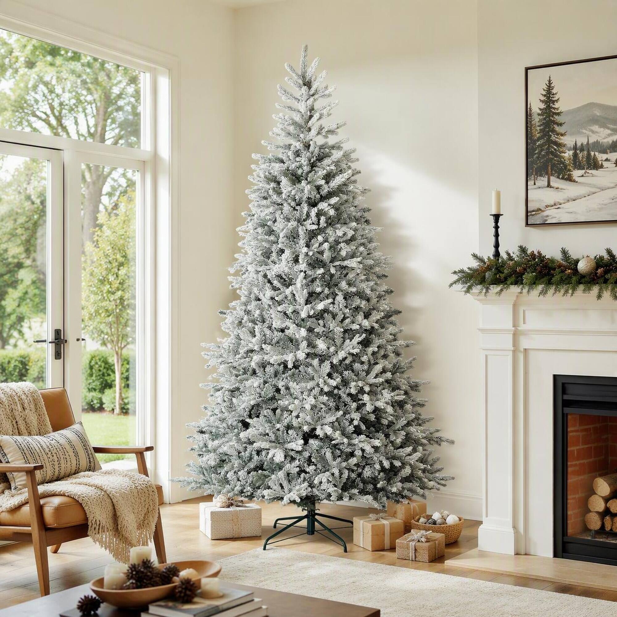Back. RYHNUYNE - HOMCOM 9 Ft Artificial Frosted Christmas Tree, Realistic Branches Wide Full Spruce Hinged Design Easy Assembly - Green.
