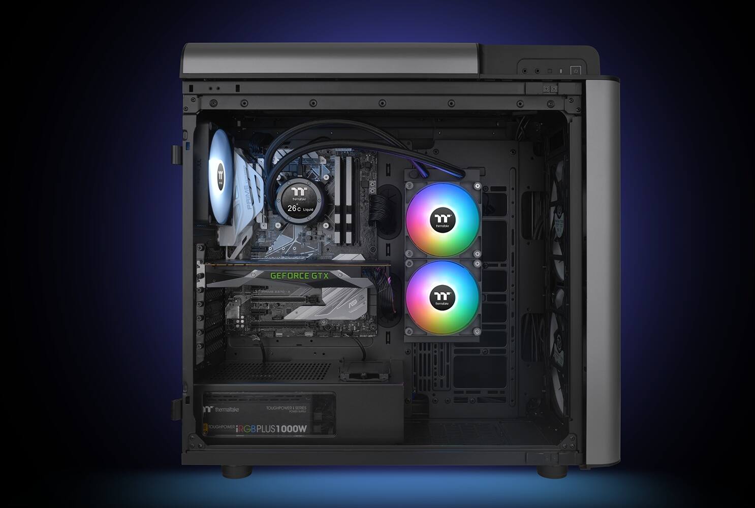 The text on the image reads: "5 I PRIM 'rumaar 26c C Liquid O  Temps F C R GEFORCE GTX 3080 1000W RGB PLUS 1000W RGB PLUS."