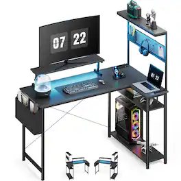 Koligey - 52in Gaming Desk Computer Desk with Storage, L Shaped Desk with Power Outlet & LED Strip - Black