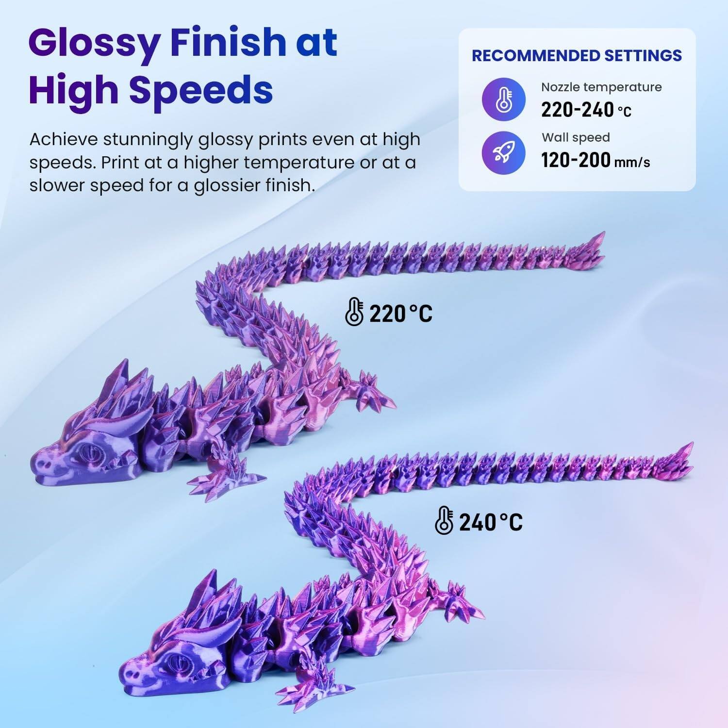 Glossy Finish at High Speeds  
Achieve stunningly glossy prints even at high speeds. Print at a higher temperature or at a slower speed for a glossier finish.

RECOMMENDED SETTINGS  
Nozzle temperature 220-240°C  
Wall speed 120-200 mm/s

220°C  
240°C
