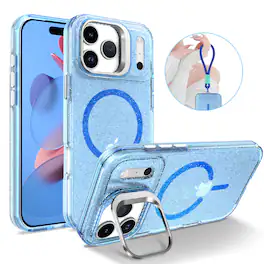 Dteck - Glitter Magnetic Case for Apple iPhone 18 Pro with Camera Stand, Sparkle Translucent Shockproof Cover with Wrist Strap - Blue