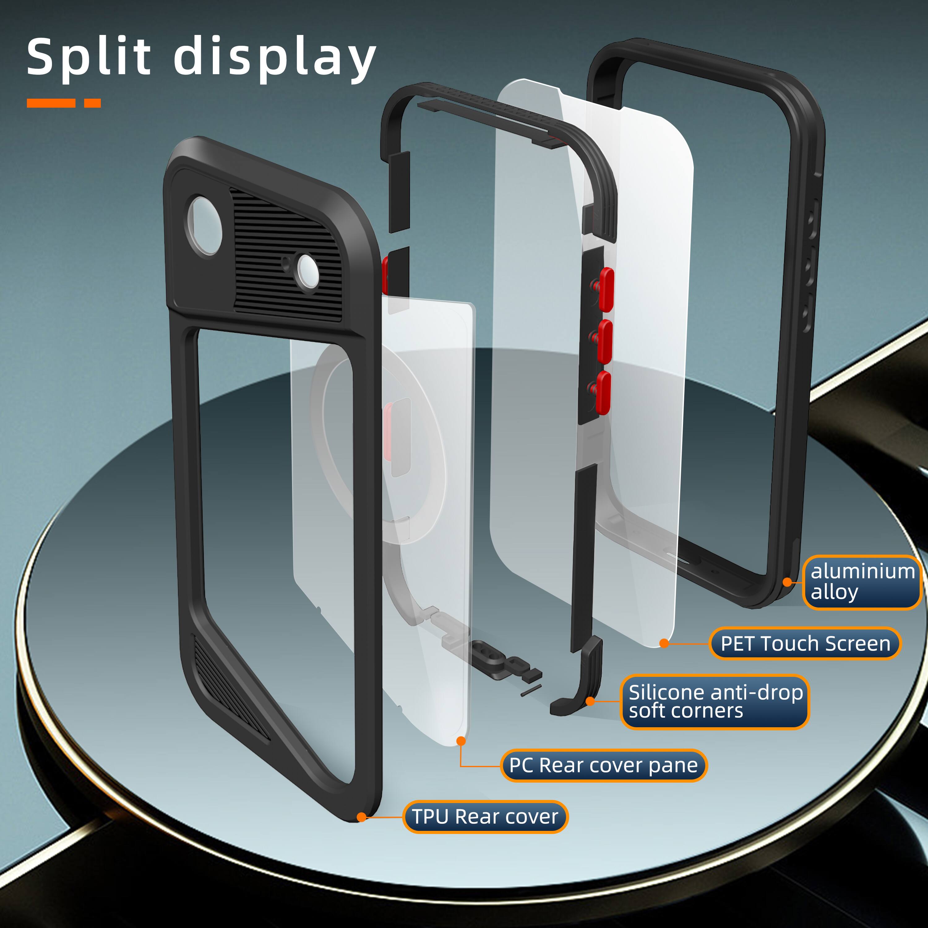 Split display aluminium alloy PET Touch Screen Silicone anti-drop soft corners PC Rear cover pane TPU Rear cover