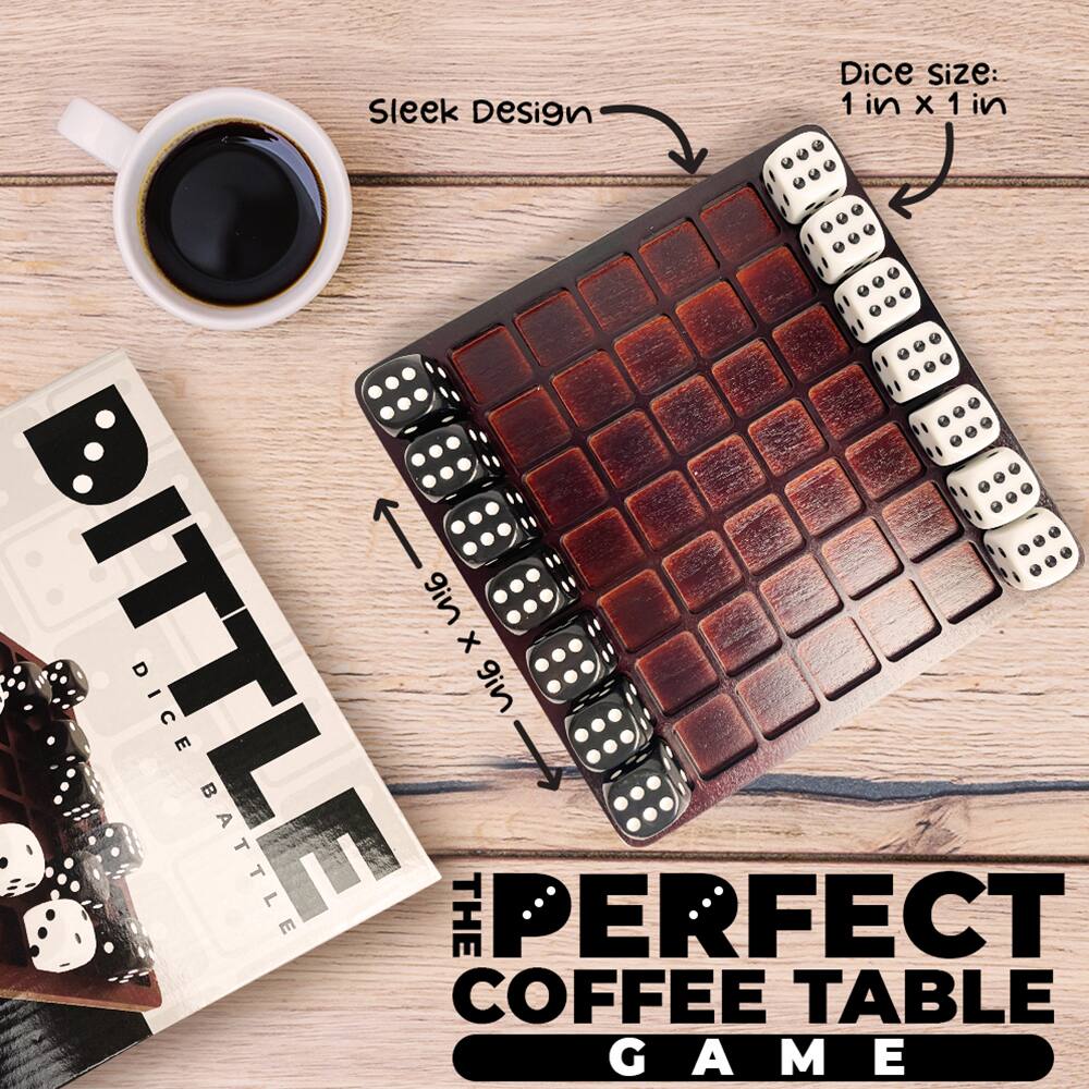 Dice size: 1 in x 1 in

Sleek Design

9 in x 9 in

THE PERFECT COFFEE TABLE GAME