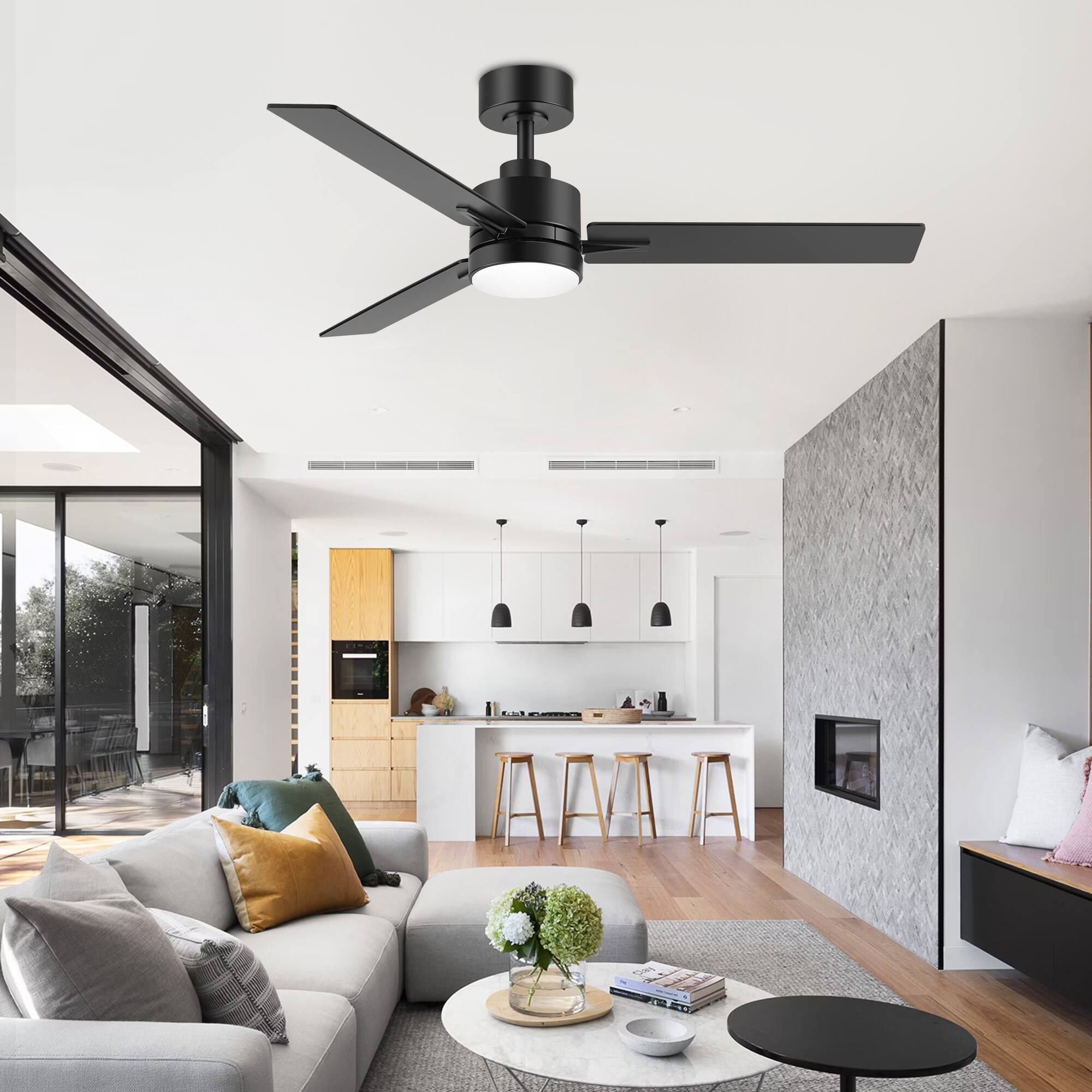 Alt View 2. Breezary - 48-Inch Indoor Ceiling Fan with Remote, 3 Plywood Blades, 6-Speed DC Motor, 5'' Downrod, LED/No Light, Single or 2-Pack - Black (With Light).