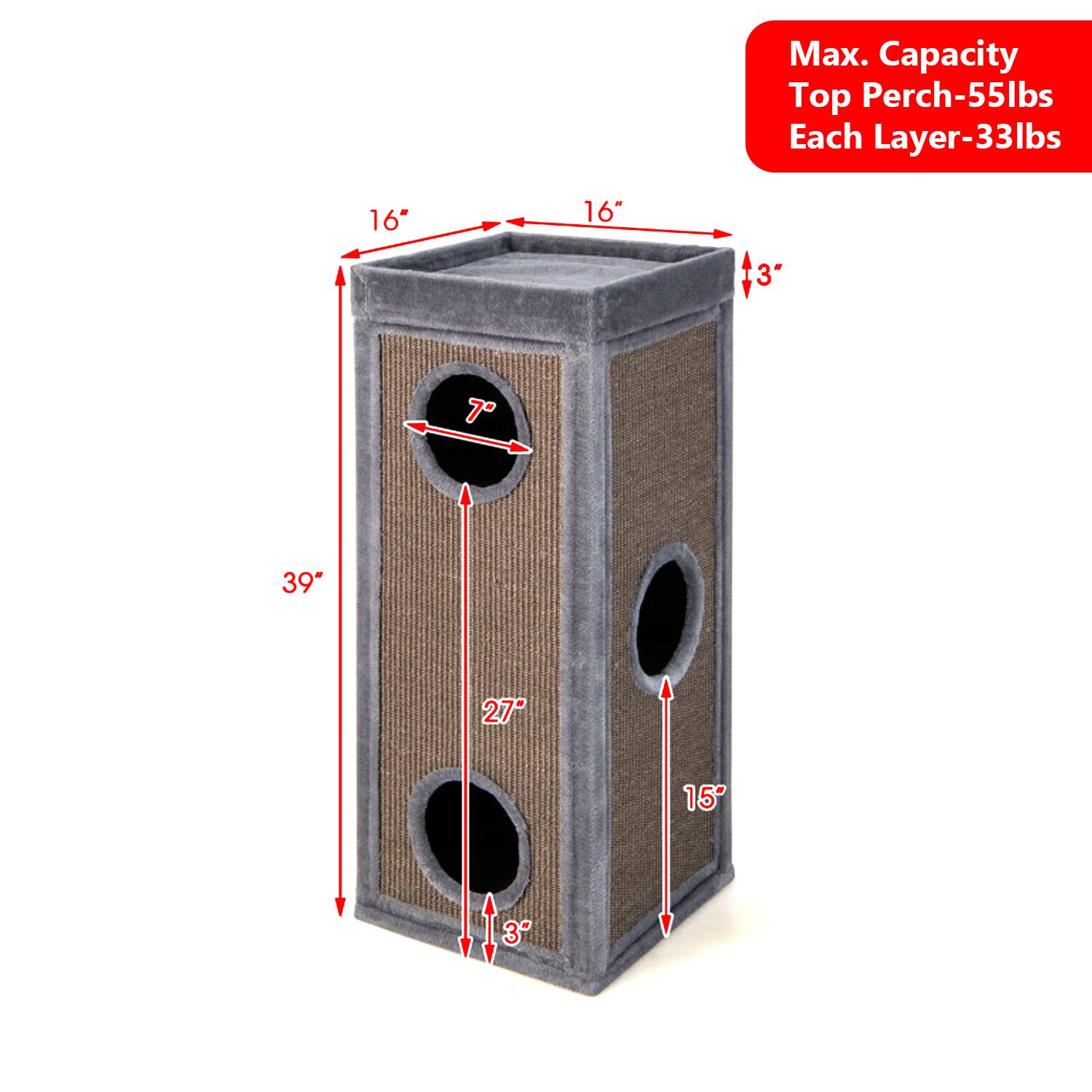 Max. Capacity  
Top Perch-55lbs  
Each Layer-33lbs  

16" x 16"  
3"  
39"  
27"  
15"  
3"