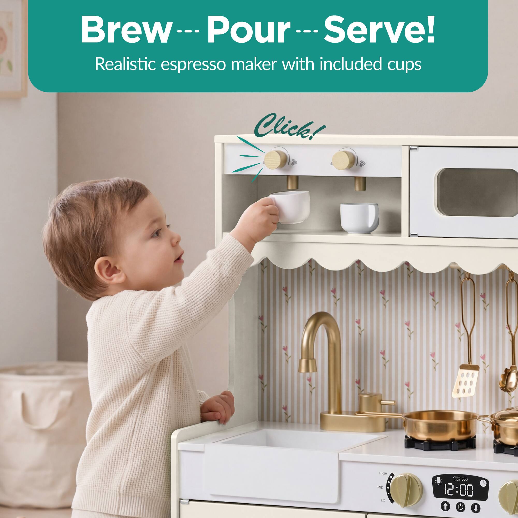 Brew -- Pour -- Serve!  
Realistic espresso maker with included cups  
Click!