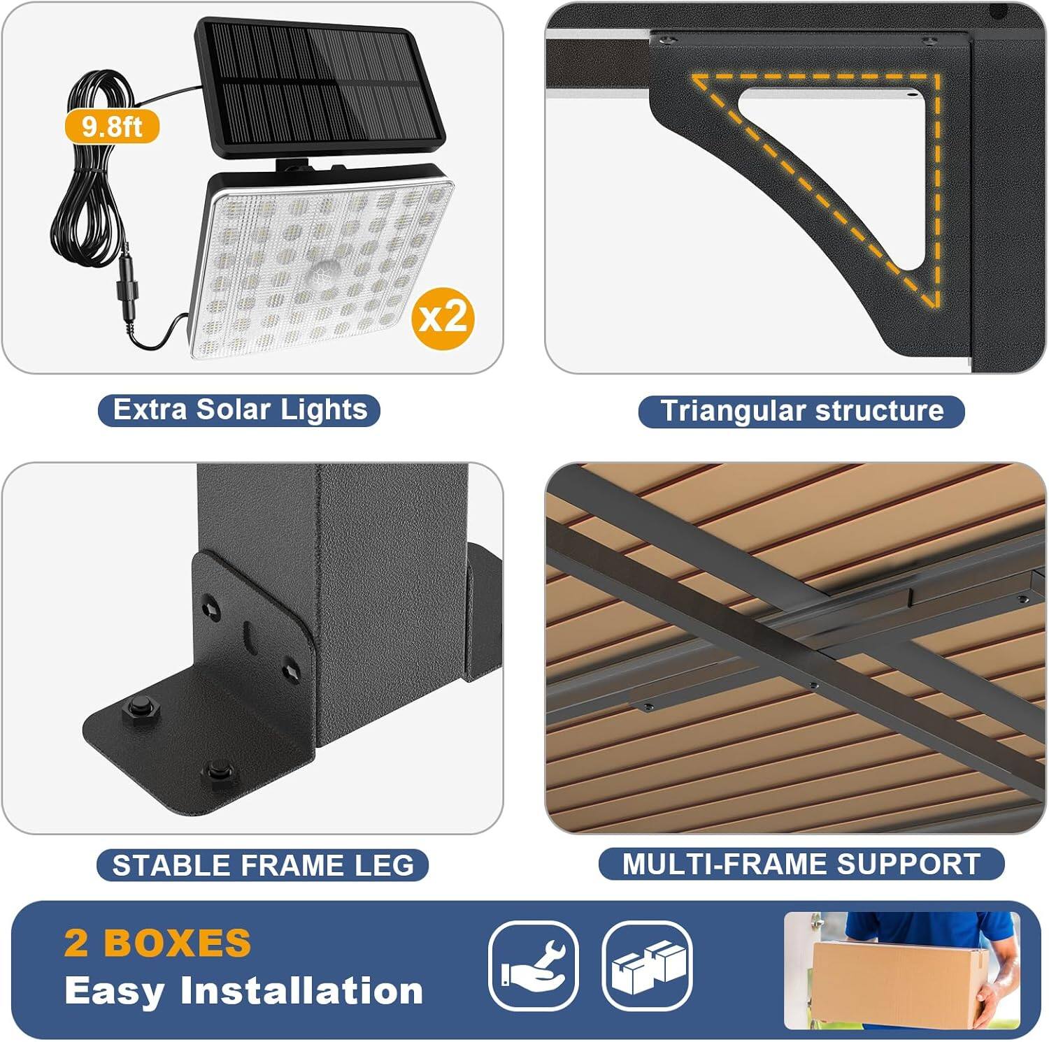 9.8ft x2 Extra Solar Lights  
Triangular structure  
STABLE FRAME LEG  
MULTI-FRAME SUPPORT  
2 BOXES  
Easy Installation