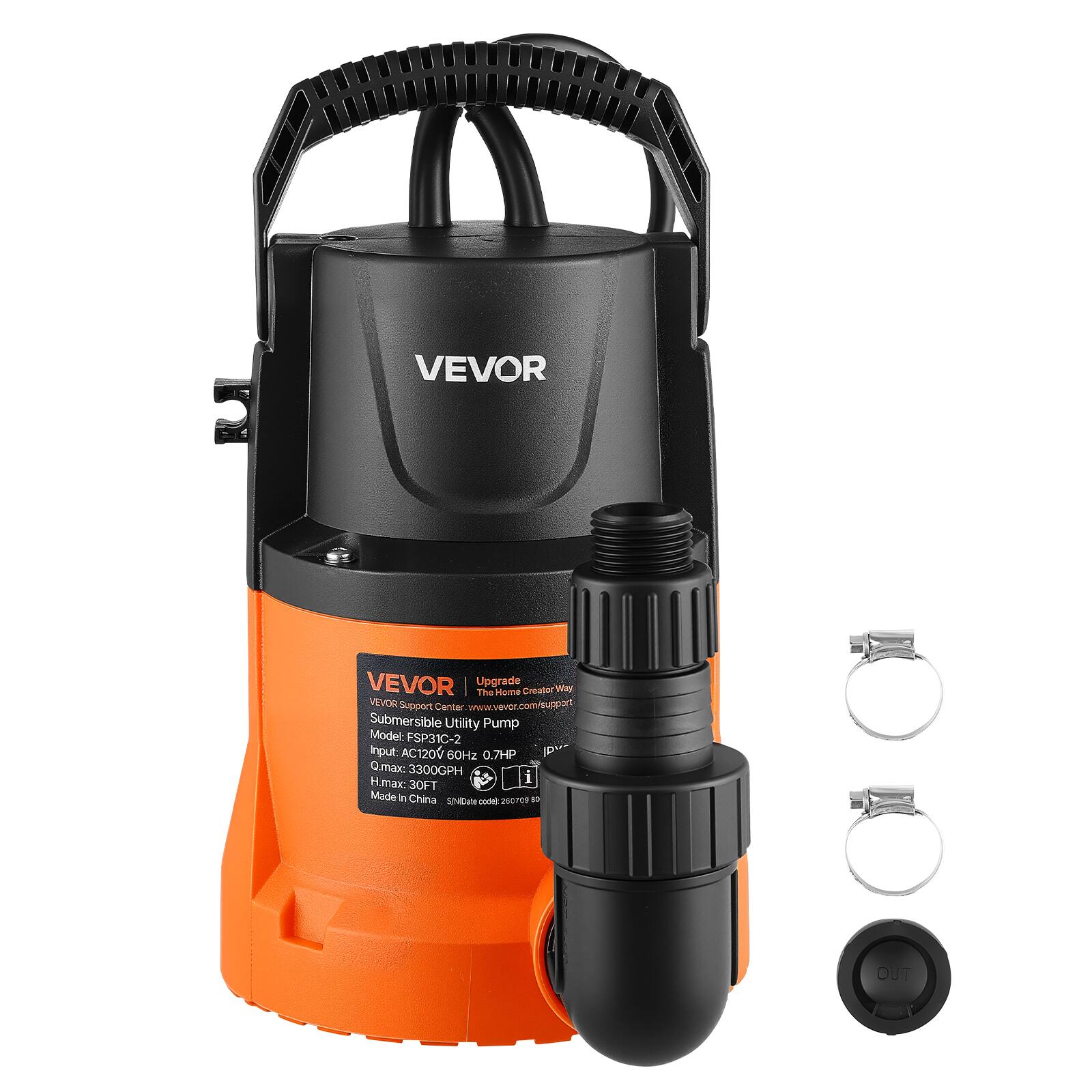 VEVOR  
Upgrade The Home Creator Way  
VEVOR Support Center  
Submersible Utility Pump  
Model: FSP31C-2  
Input: AC120V 60Hz 0.7HP  
Q.max: 3300GPH  
H max: 30FT  
Made in China  
S/N Date code: 250709