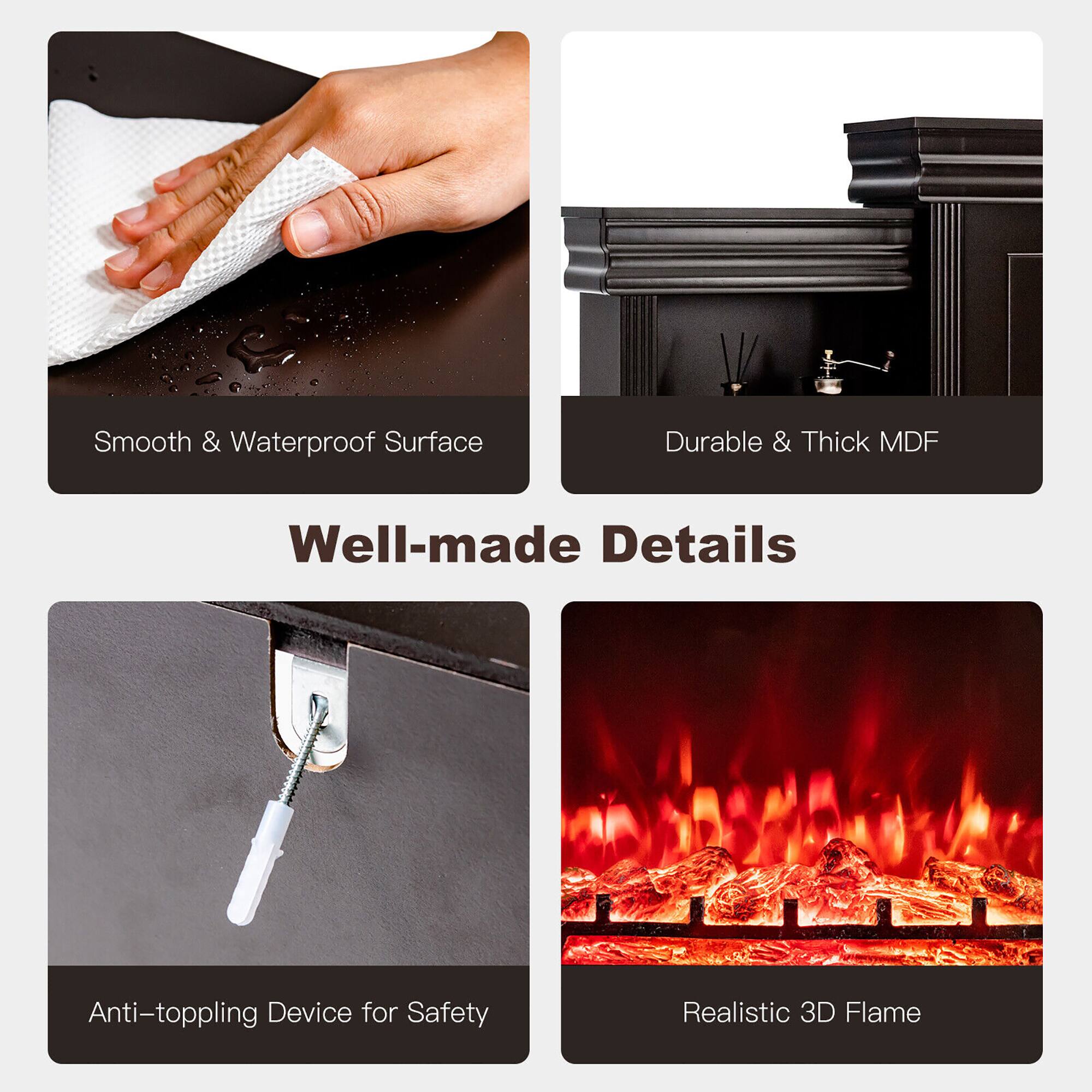 Smooth & Waterproof Surface, Durable & Thick MDF, Anti-toppling Device for Safety, Realistic 3D Flame