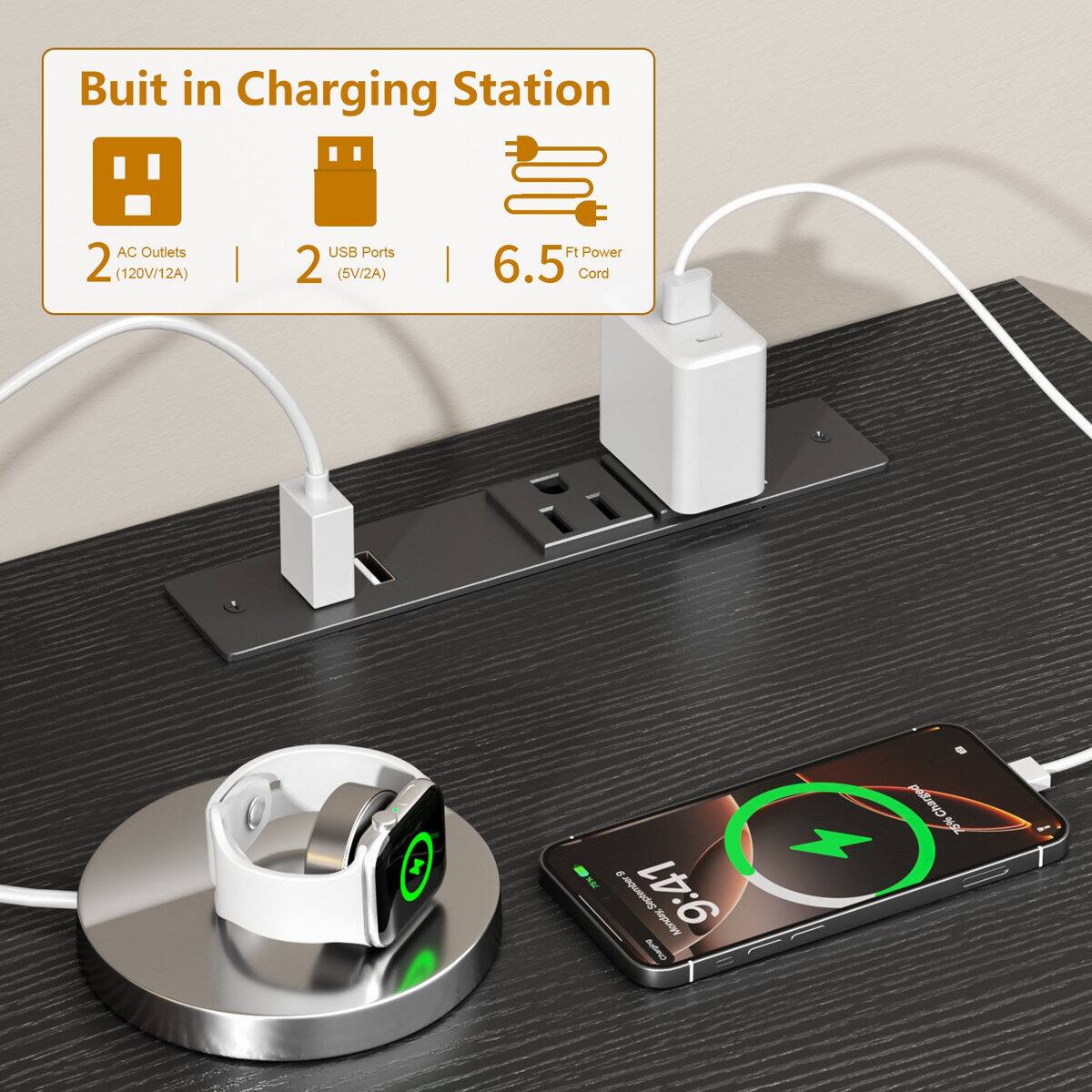 Built in Charging Station  
AC Outlets 2 (120V/12A) | USB Ports 2 (5V/2A) | 6.5 Ft Power Cord