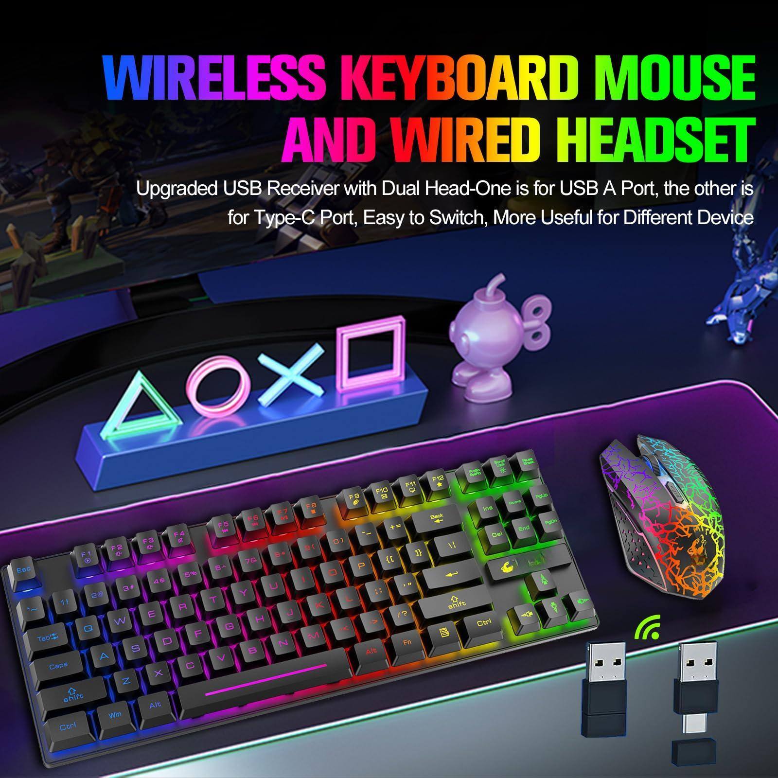 WIRELESS KEYBOARD MOUSE AND WIRED HEADSET

Upgraded USB Receiver with Dual Head-One is for USB A Port, the other is for Type-C Port, Easy to Switch, More Useful for Different Device
