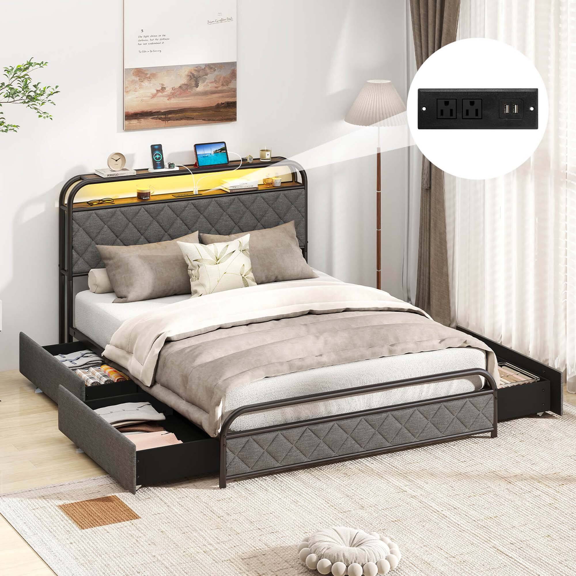 Alt View 6. Costway - Costway Full Size Bed Frame with LED Lights & Charging Station Storage Headboard Black - Black.