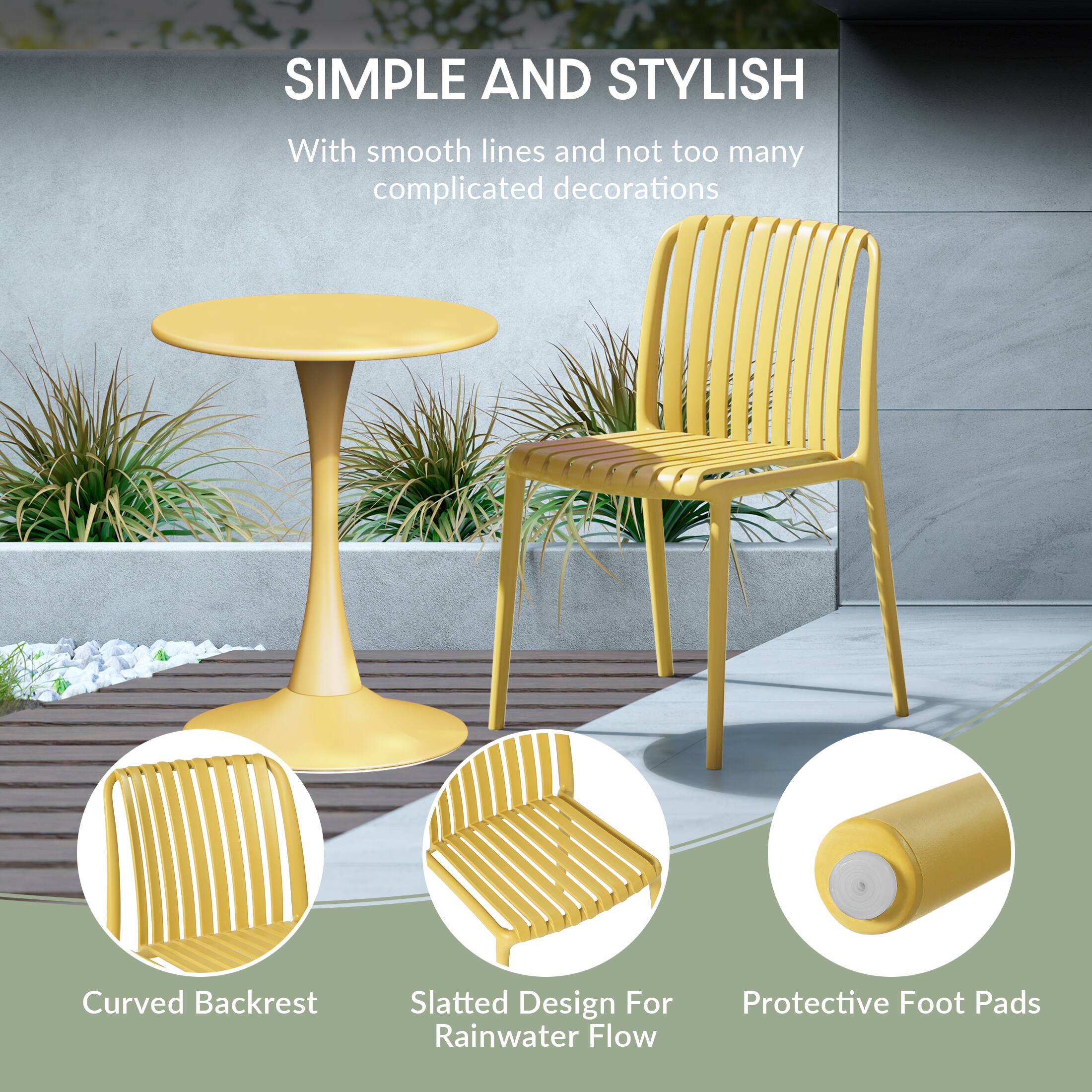 SIMPLE AND STYLISH  
With smooth lines and not too many complicated decorations  

- Curved Backrest  
- Slatted Design For Rainwater Flow  
- Protective Foot Pads