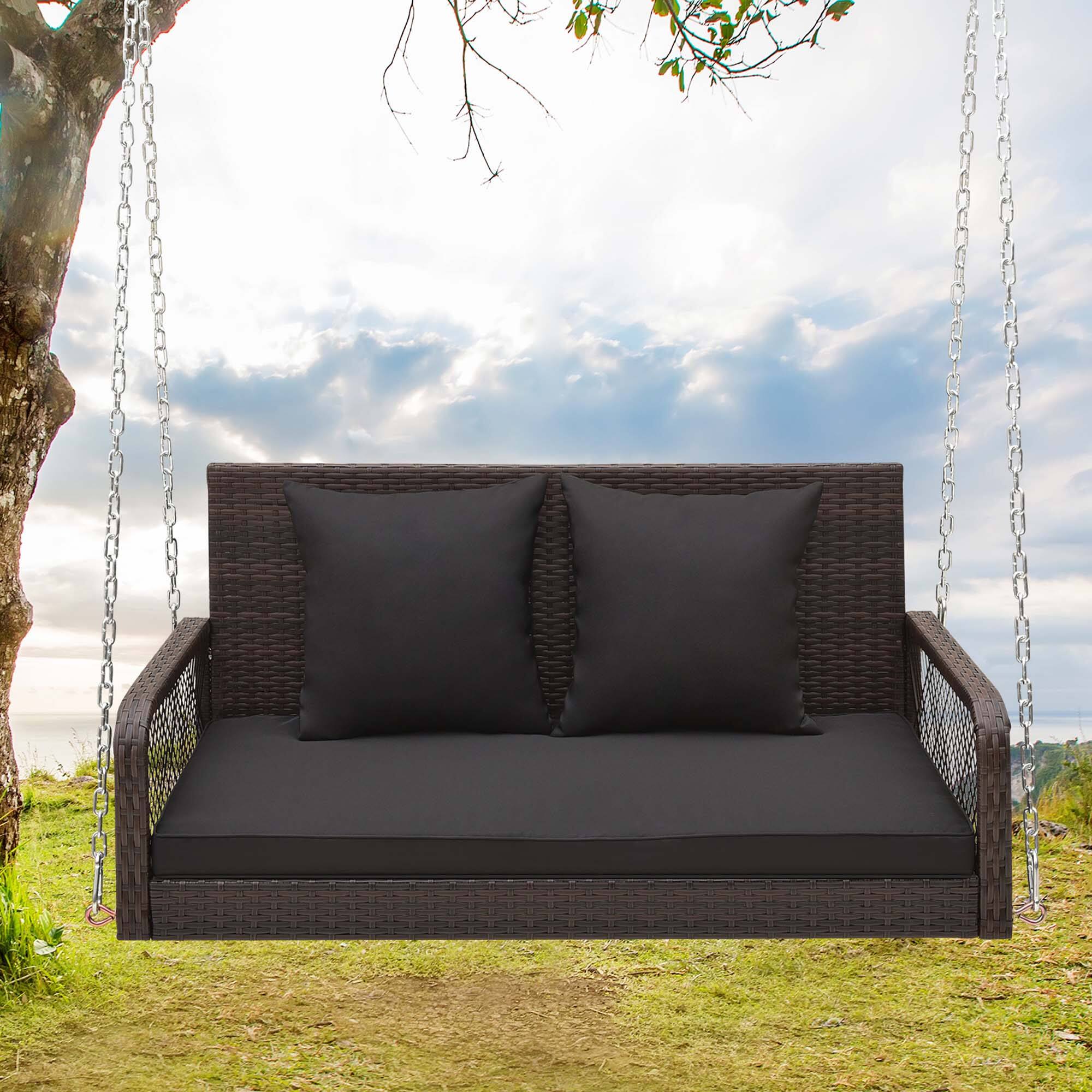 Alt View 1. Costway - Costway Patio Wicker Porch Swing 2-Person Hanging Loveseat Bench Chair with Cushions - Mix Brown,Black.