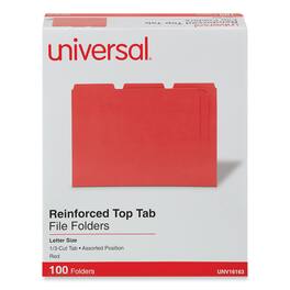 Universal - Reinforced Top-Tab File Folders, 1/3-Cut Tabs: Assorted, Letter Size, 1" Expansion, Red, 100/Box