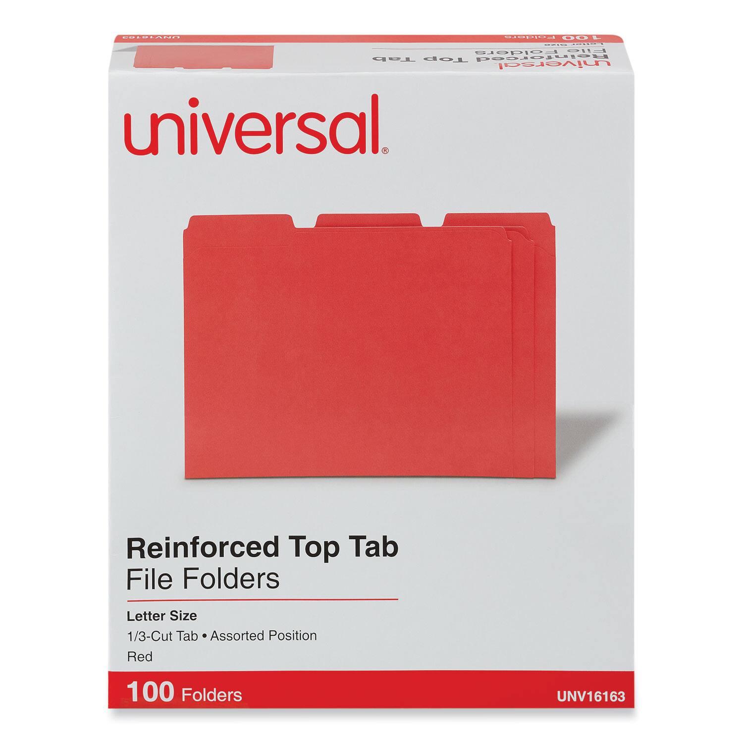 Universal Reinforced Top Tab File Folders  
Letter Size  
1/3-Cut Tab • Assorted Position  
Red  
100 Folders  
UNV16163
